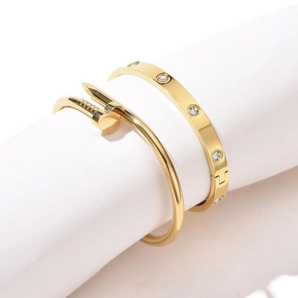 Stainless Steel Love Bangle Set Gold Plated Stackable Jewelry For Women - Picture 6 of 7